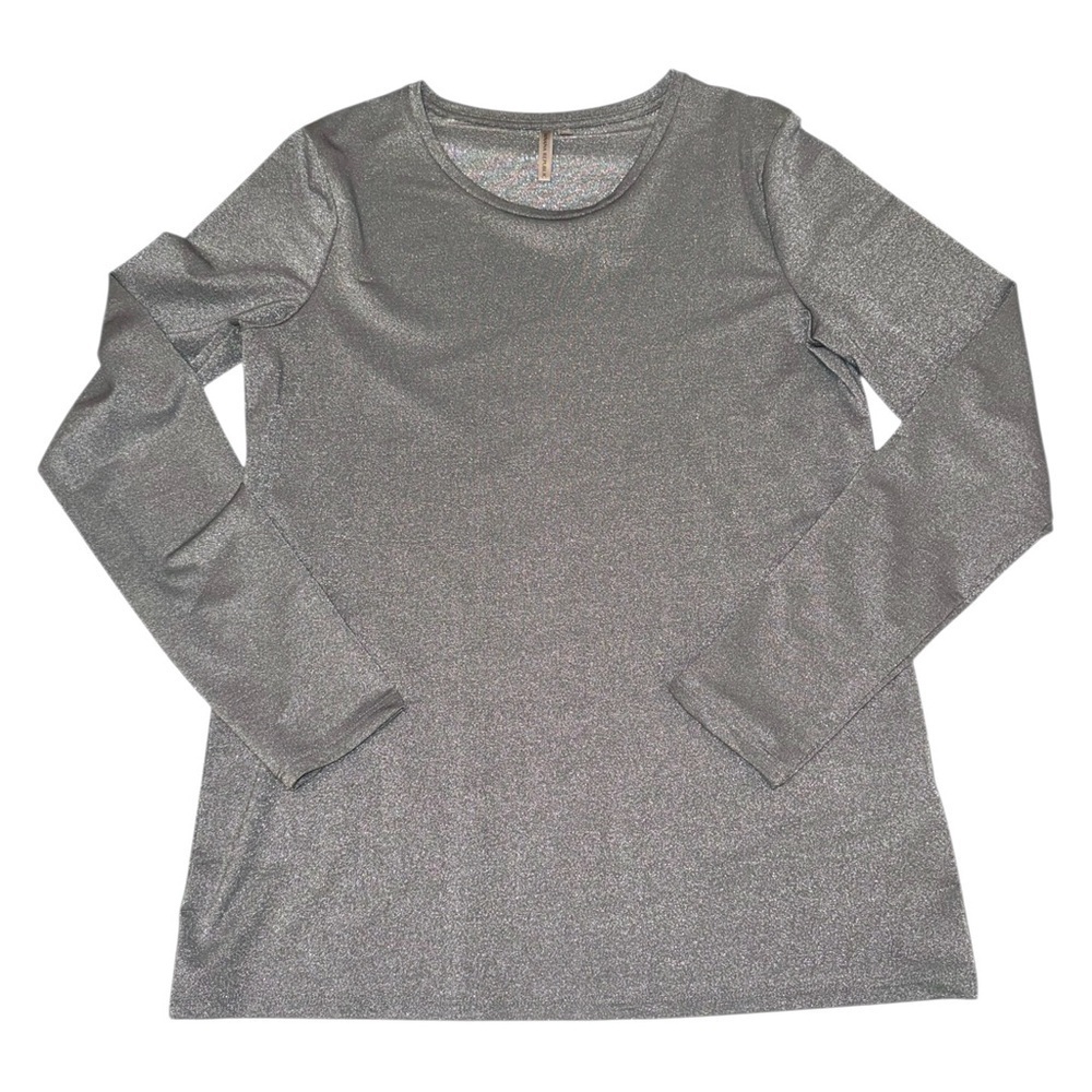 Banana Republic Metallic Silver Long Sleeve Stretch Knit Top Medium Shimmer Top